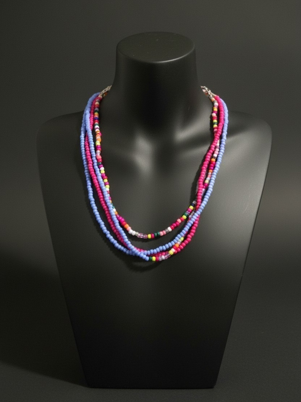 Colorful Multi-Strand Beaded Necklace in Pink and Blue